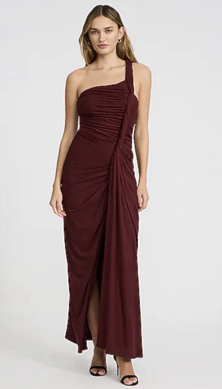 NWOT Express Burgundy Red Dress Twist Strap Ruched Maxi Large Fall Stretch Guest
